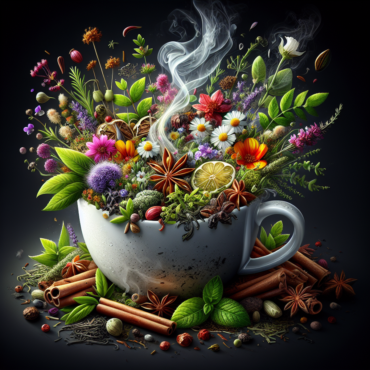 A close-up image of a cup filled with an assortment of vibrant herbs, blooming flowers, and rich spices, with visible steam swirling upwards.