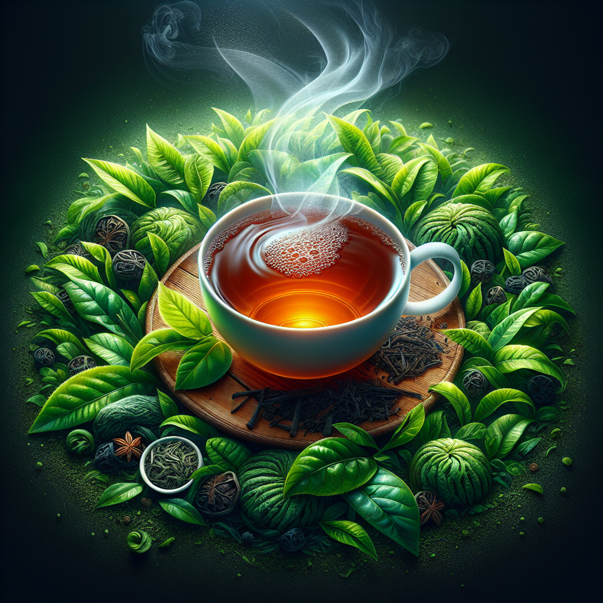 Steaming cup of organic tea surrounded by lush green tea leaves.